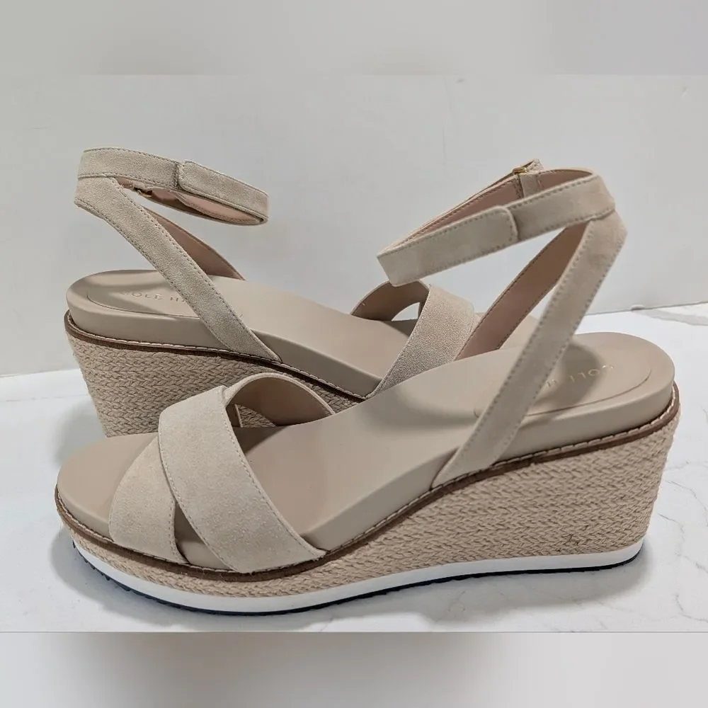 New Cole Haan Cloudfeel Espadrille Wedge Ankle Strap Sandals Neutral Leather 10